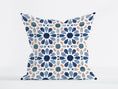 Load image into Gallery viewer, A square boho cushion with a geometric floral pattern in aqua tones and calming neutrals on a white background.