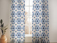 Load image into Gallery viewer, Sheer linen curtains with a geometric floral pattern in blue and white colors, ra Moroccan tile print linen curtains in blue and blush – artisanal luxe drapes for boho-inspired, globally styled homes