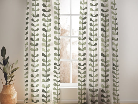 NORDIC LEAF MUTED GREEN SHEER LINEN CURTAINS