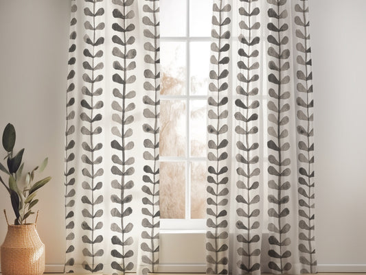 NORDIC LEAF CHARCOAL BLACK SHEER LINEN CURTAINS